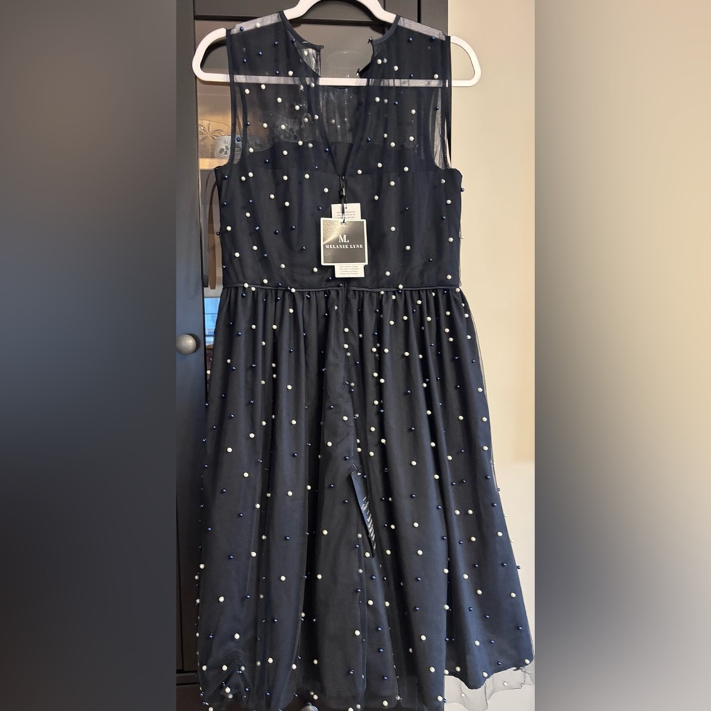 NWT Melanie Lyne - Maggy London Women's Navy Mesh Pearl Embellished A-line Dress